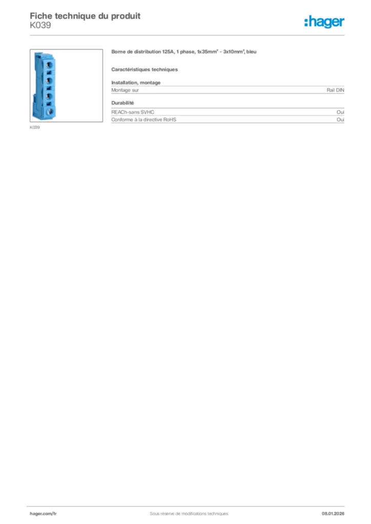 Image Hager Fiche technique du produit K039 | Hager France