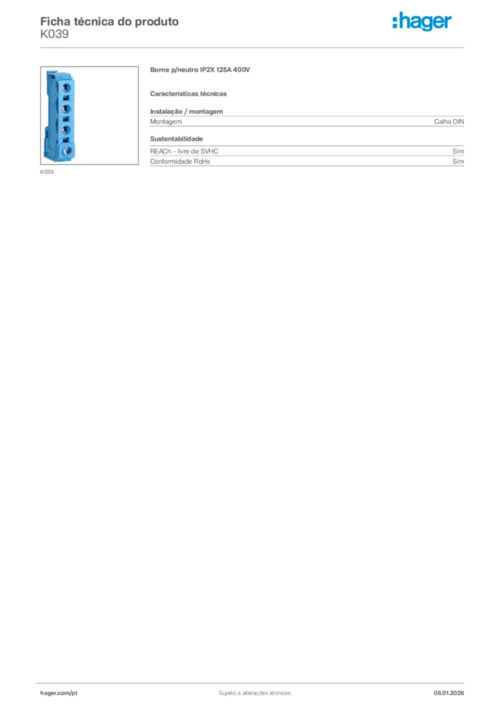 Imagem Hager Ficha técnica do produto K039 | Hager Portugal