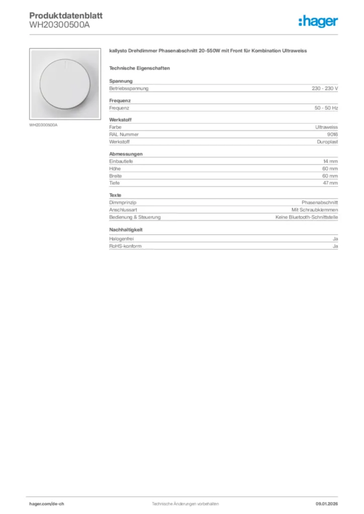 Bild Hager Produktdatenblatt WH20300500A | Hager Schweiz