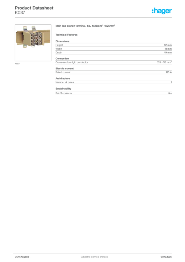Image Hager Product data sheet K037  | Hager