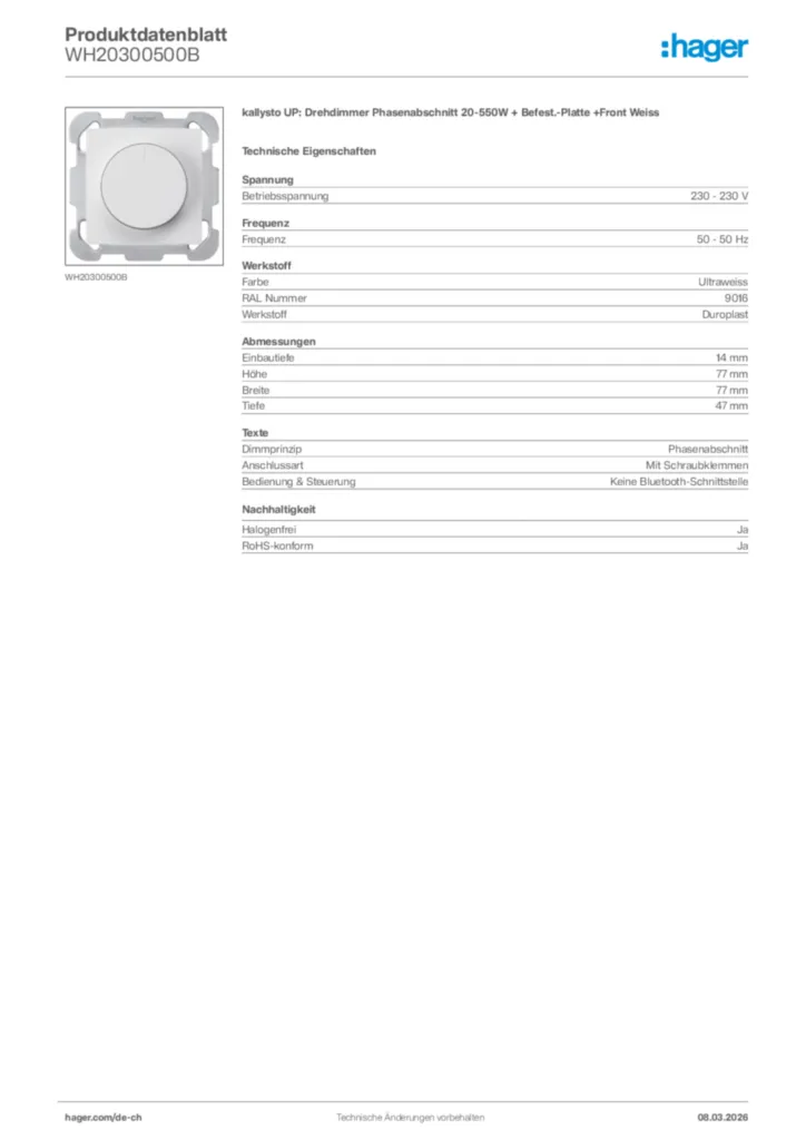 Bild Hager Produktdatenblatt WH20300500B | Hager Schweiz