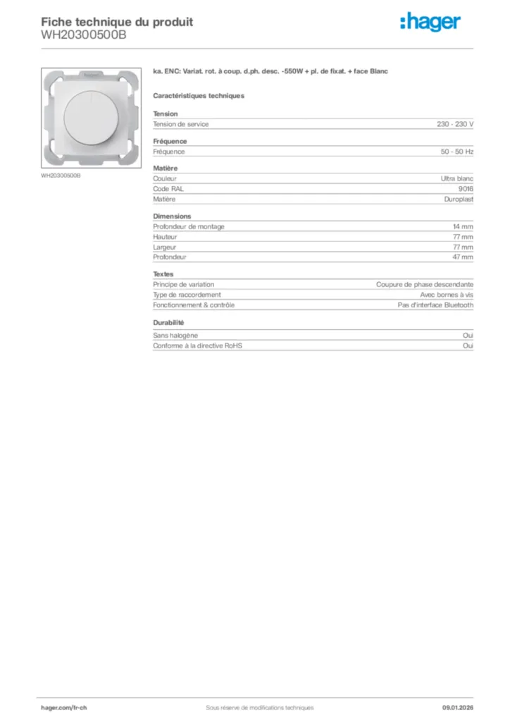 Image Hager Fiche technique du produit WH20300500B | Hager Suisse