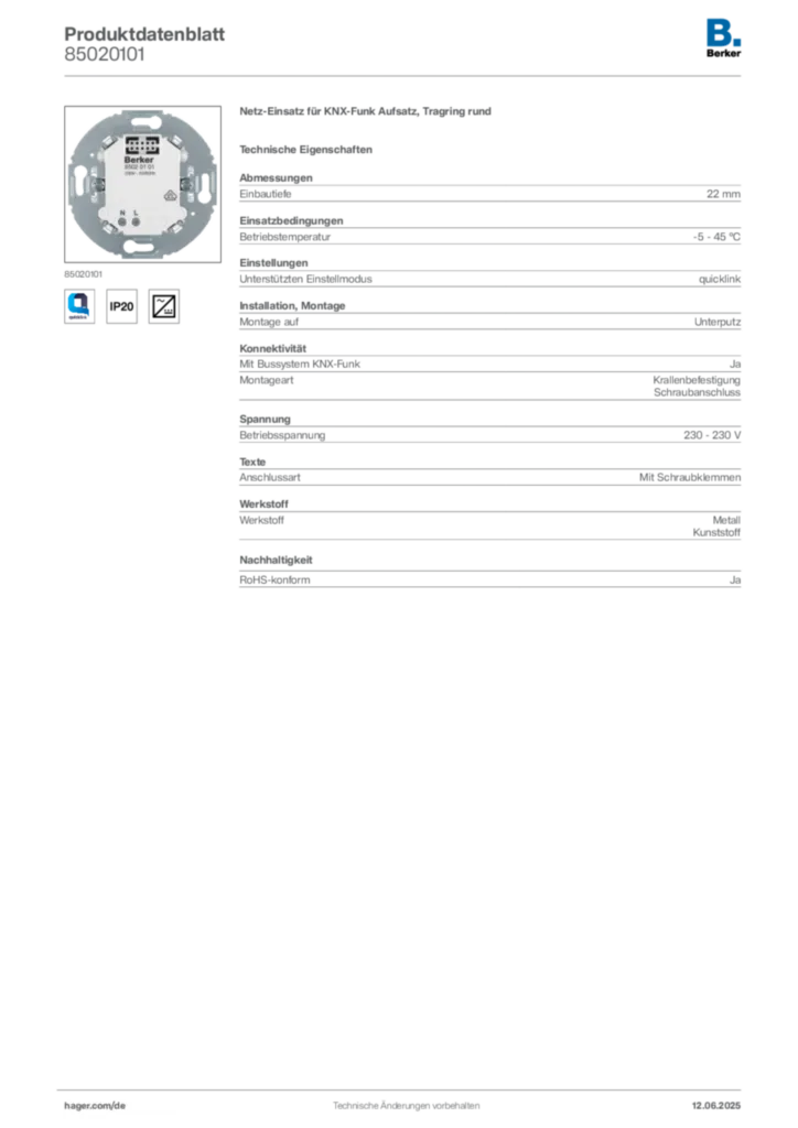 Berker Produktdatenblatt 85020101