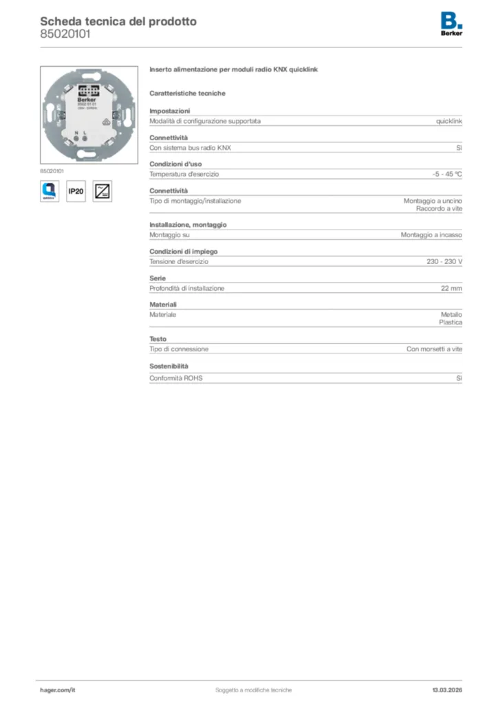 Immagine Berker Scheda tecnica del prodotto 85020101 | Hager Italia