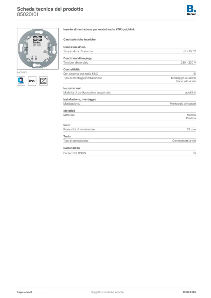 Immagine Berker Scheda tecnica del prodotto 85020101 | Hager Italia