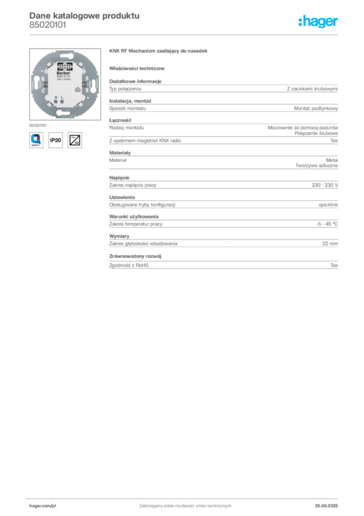 Zdjęcie Hager Karta katalogowa 85020101 | Hager Polska