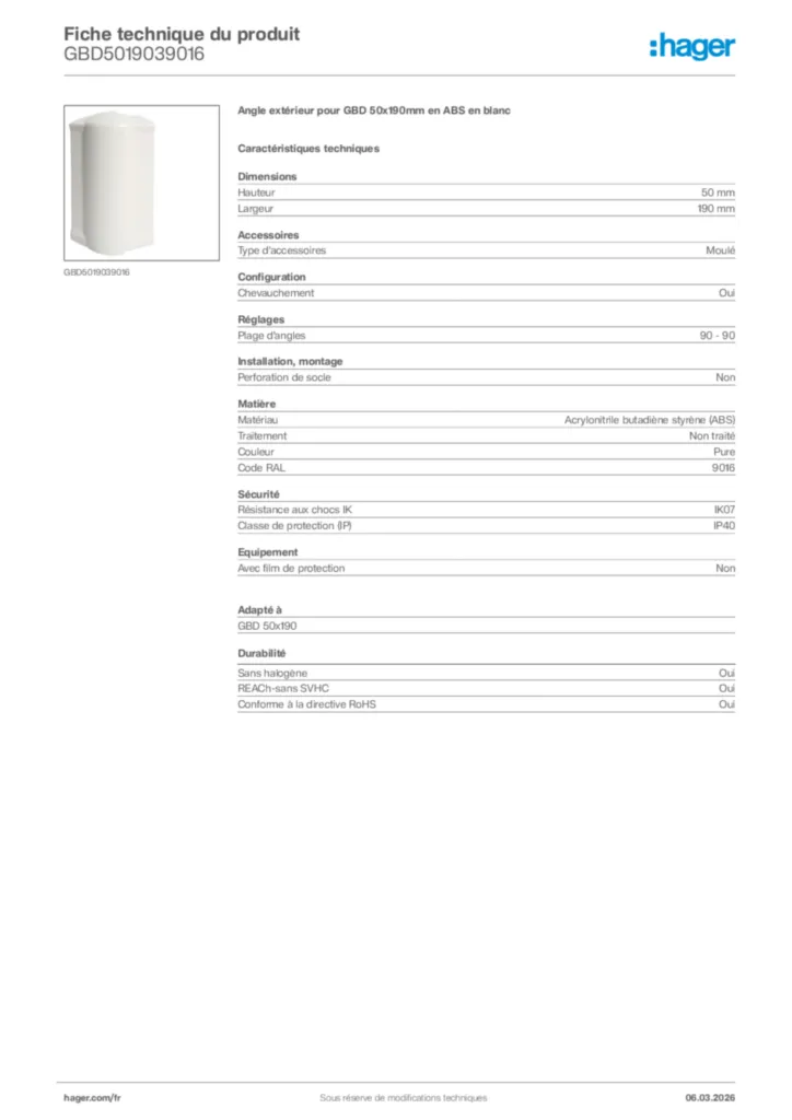 Image Hager Fiche technique du produit GBD5019039016 | Hager France