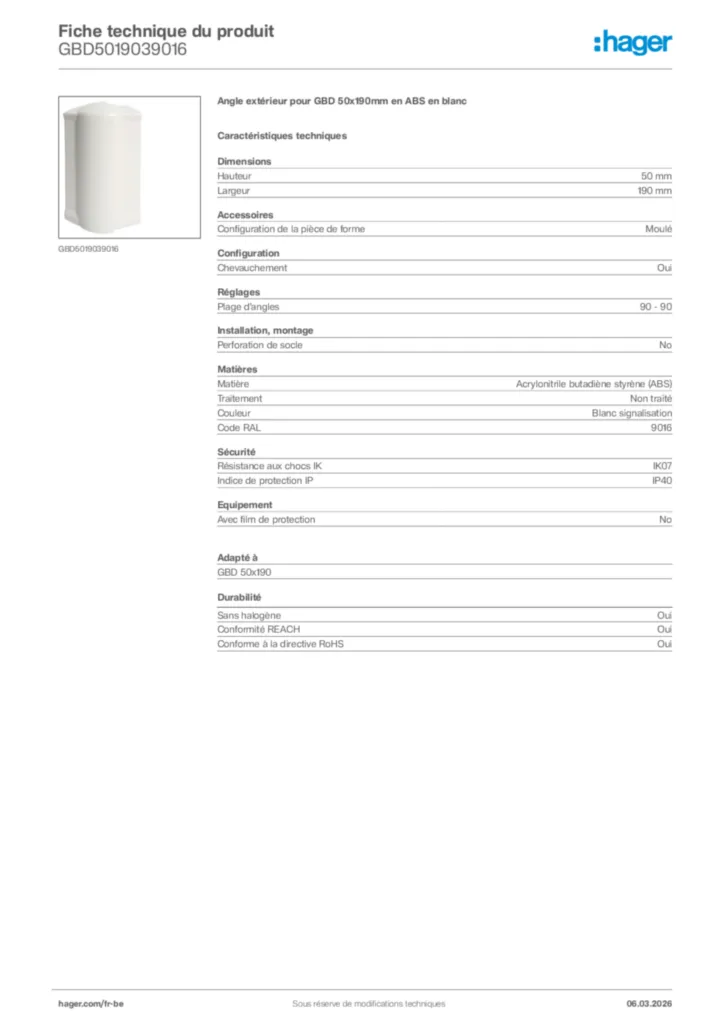 Image Hager Fiche technique du produit GBD5019039016 | Hager Belgique
