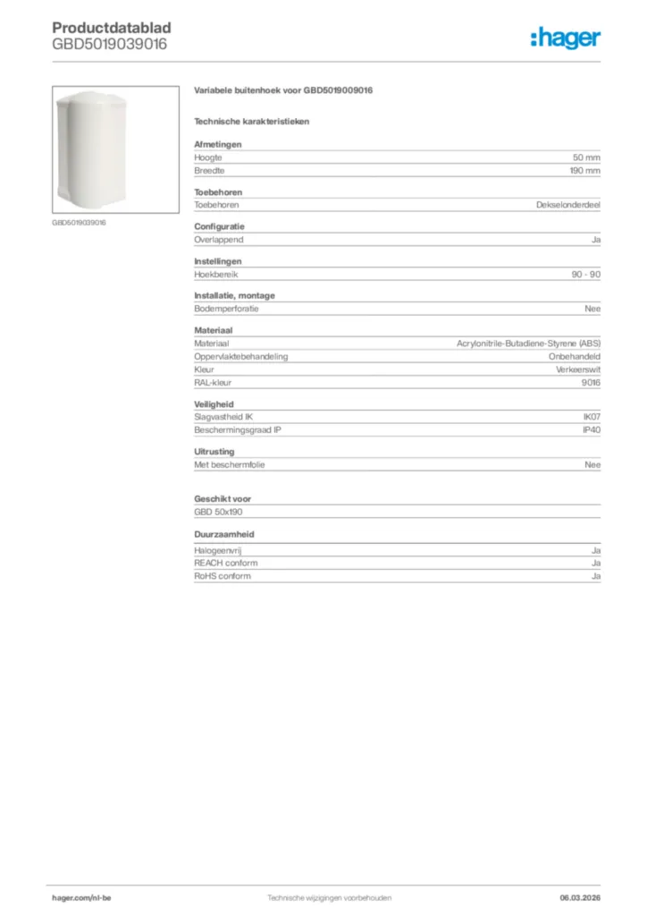 Afbeelding Hager Productdatablad GBD5019039016 | Hager Belgium