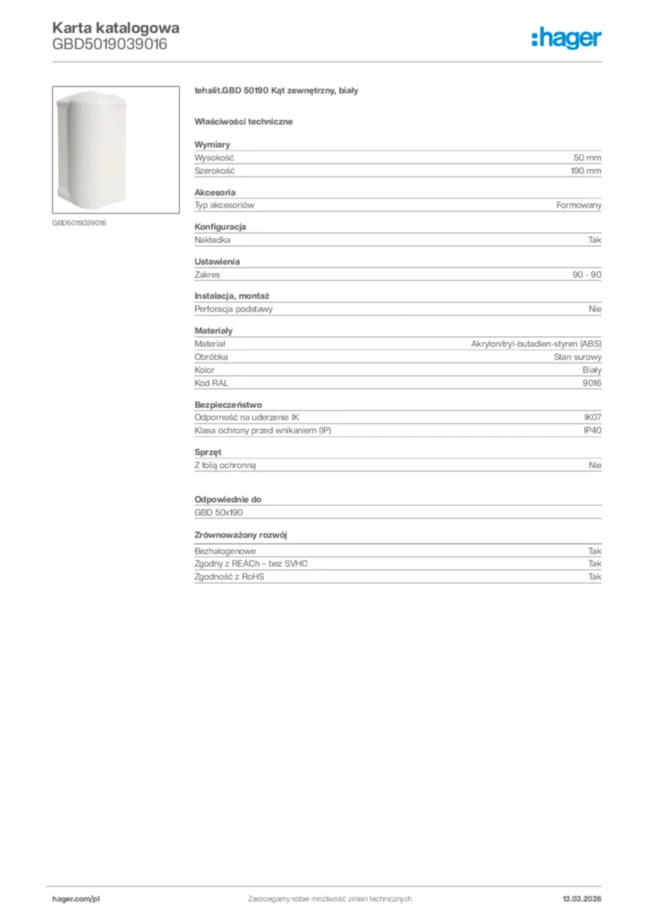 Zdjęcie Hager Karta katalogowa GBD5019039016 | Hager Polska