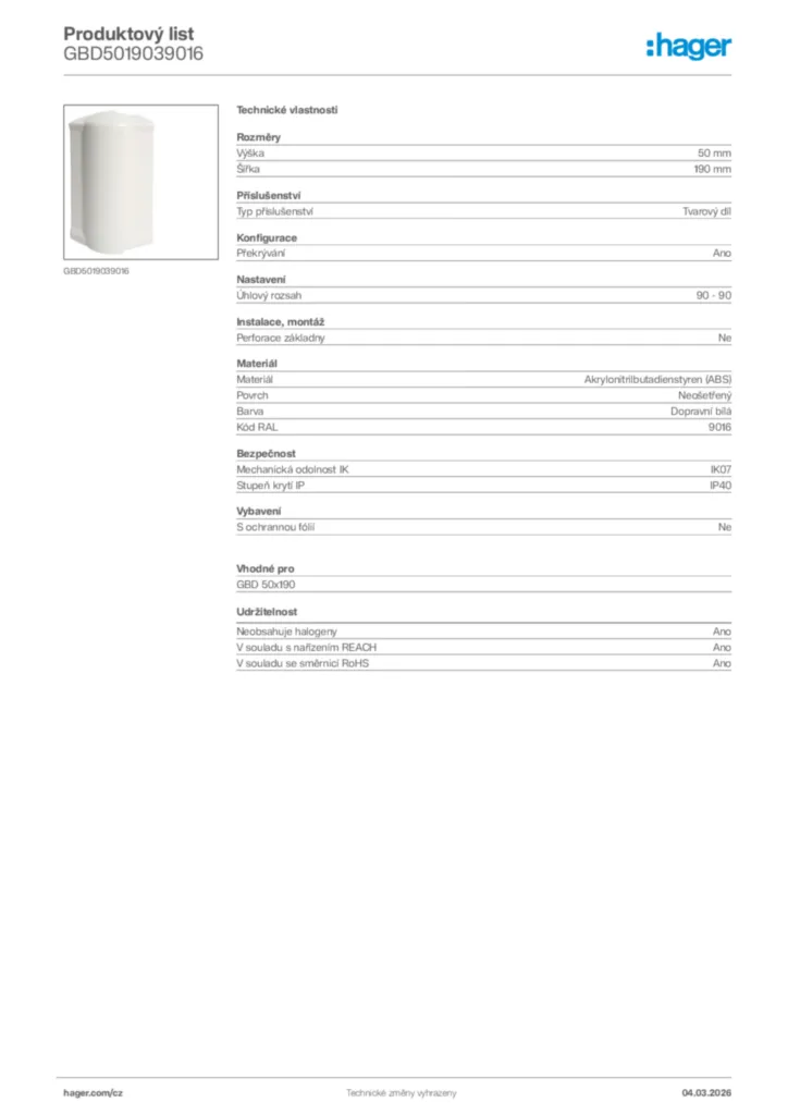 Obrázek Hager Product data sheet GBD5019039016 | Hager