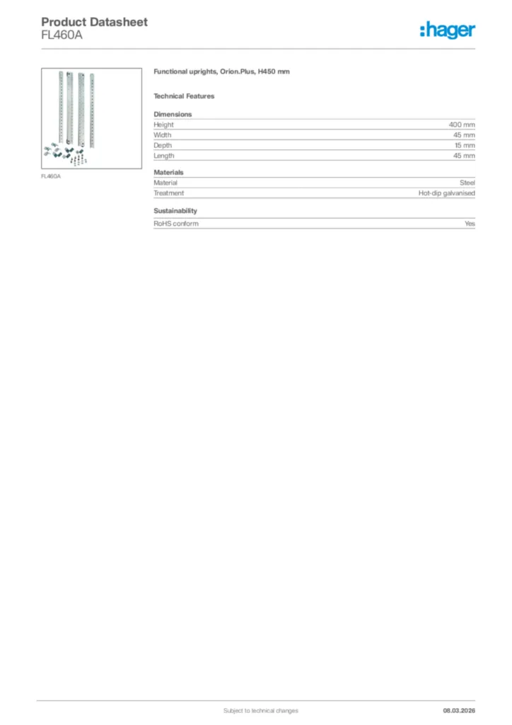 Image Hager Product data sheet FL460A  | Hager Africa