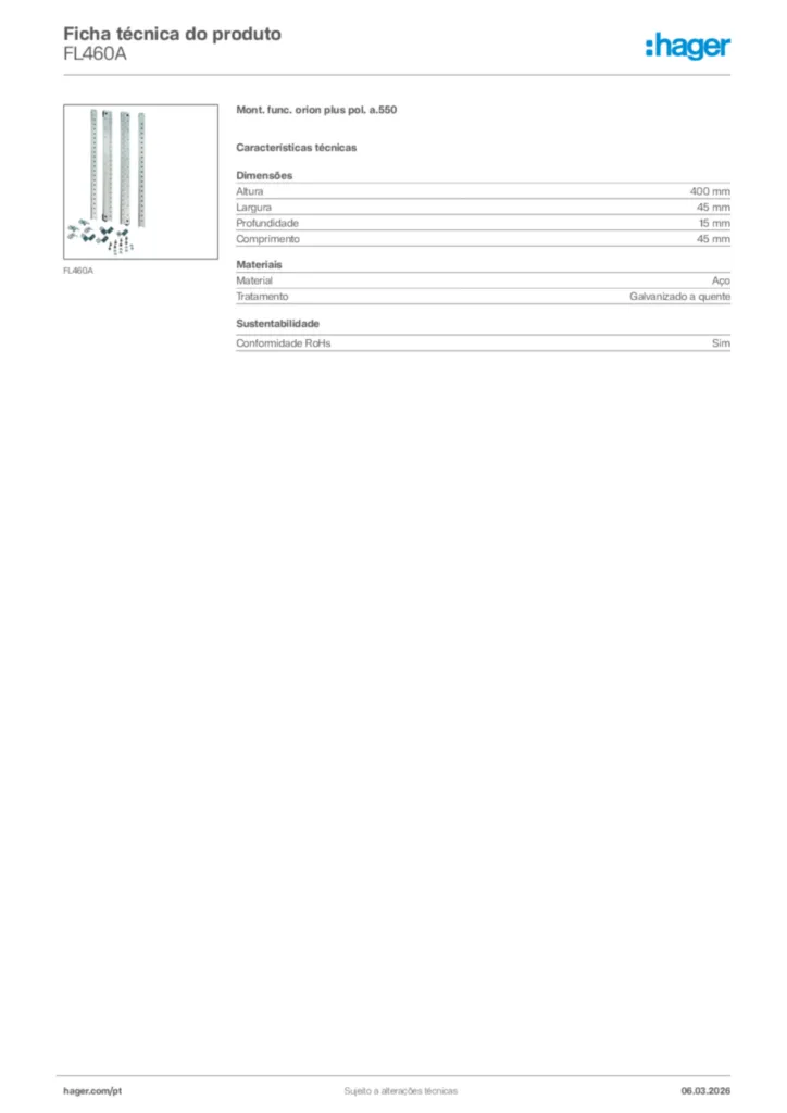 Imagem Hager Ficha técnica do produto FL460A | Hager Portugal