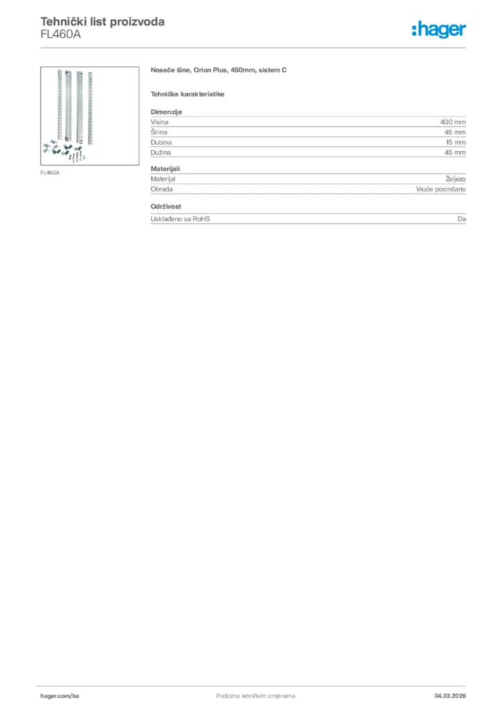 Slika Hager Tehnički list proizvoda FL460A  | Hager