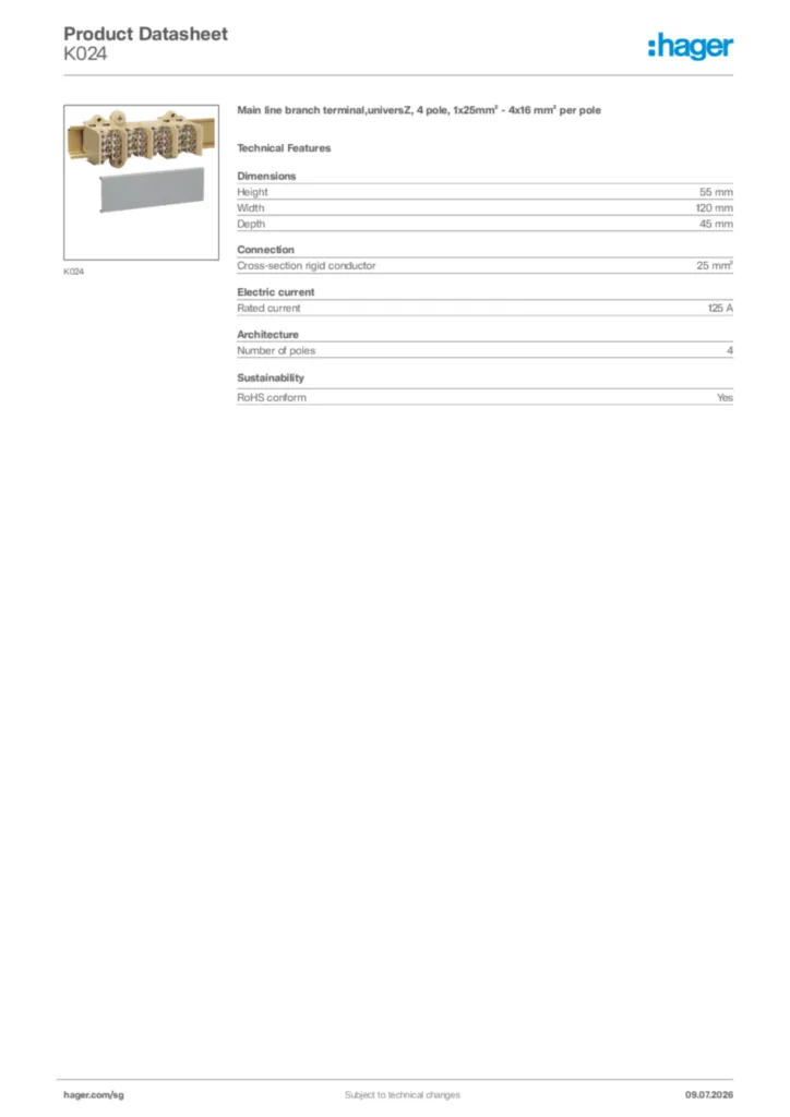 Image Hager Product data sheet K024  | Hager