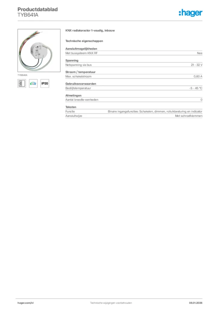 Afbeelding Hager Productdatablad TYB641A | Hager Nederland