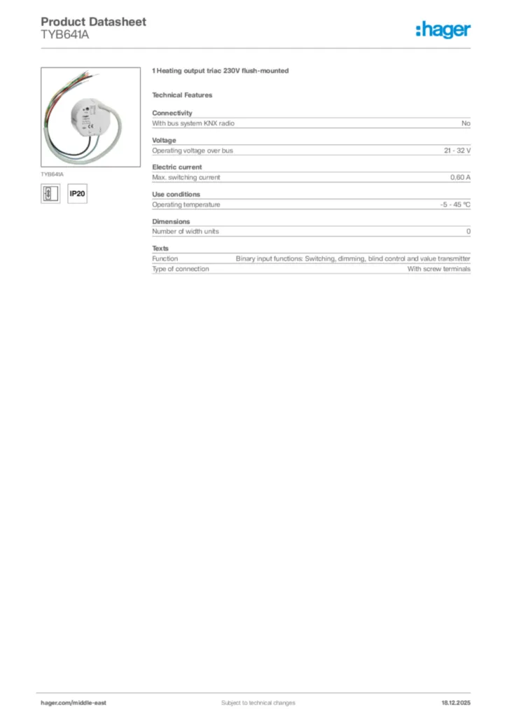 Image Hager Product data sheet TYB641A  | Hager