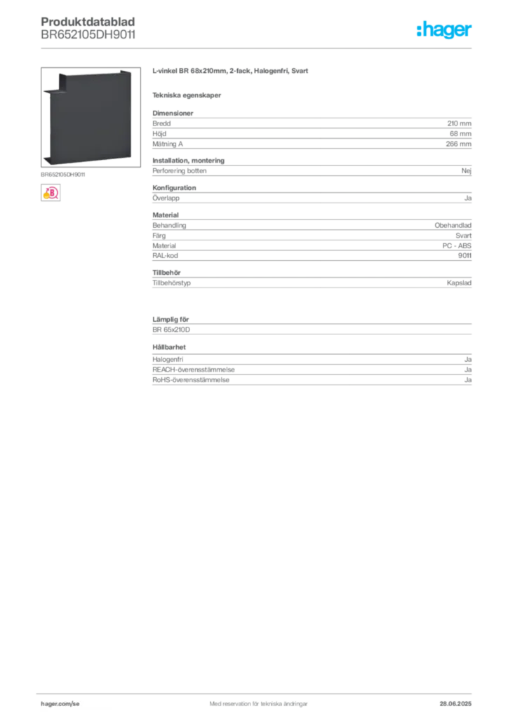Bild Hager Produktdatablad BR652105DH9011 | Hager Sverige