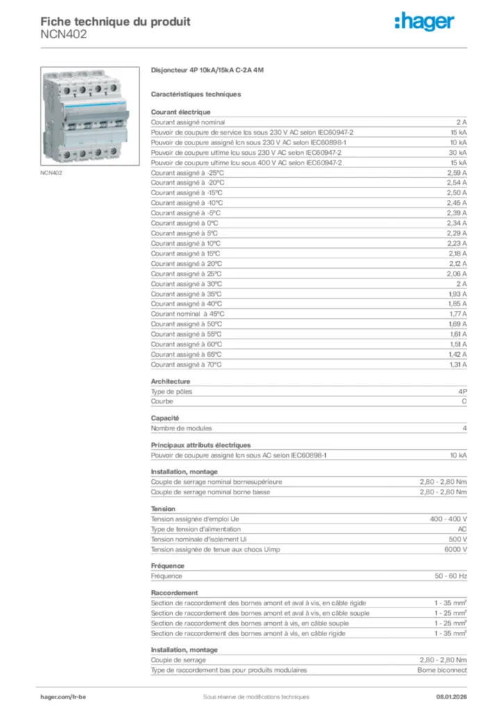 Image Hager Fiche technique du produit NCN402 | Hager Belgique