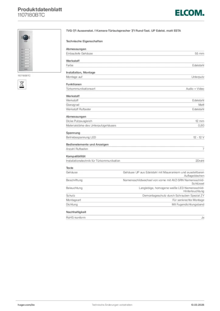 Bild Elcom Produktdatenblatt 1107180BTC | Hager Deutschland