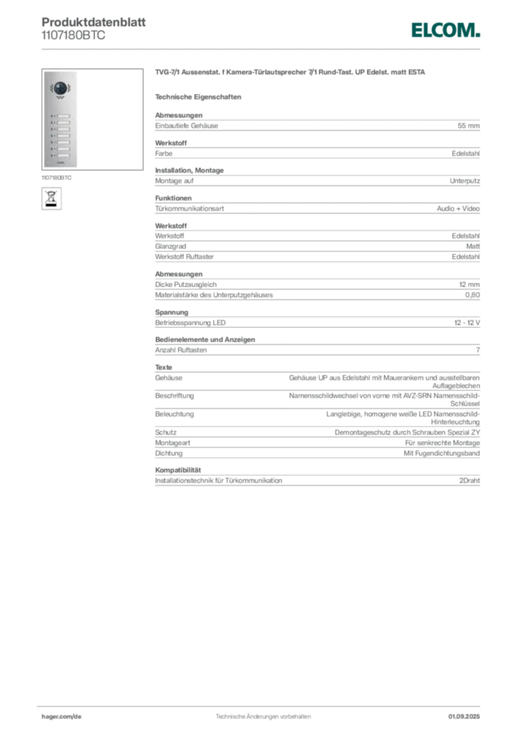 Bild Elcom Produktdatenblatt 1107180BTC | Hager Deutschland