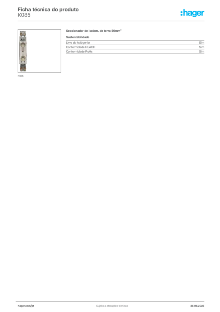 Imagem Hager Ficha técnica do produto K085 | Hager Portugal