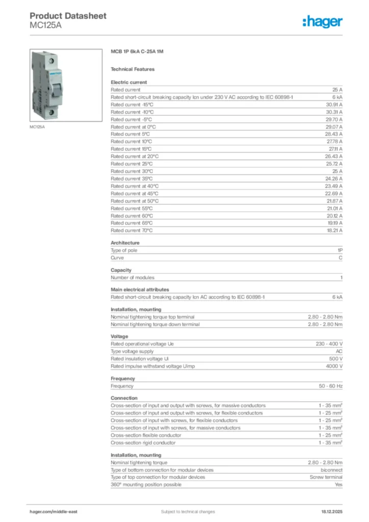 Image Hager Product data sheet MC125A  | Hager