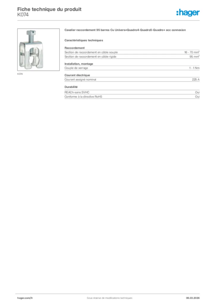 Image Hager Fiche technique du produit K074 | Hager France