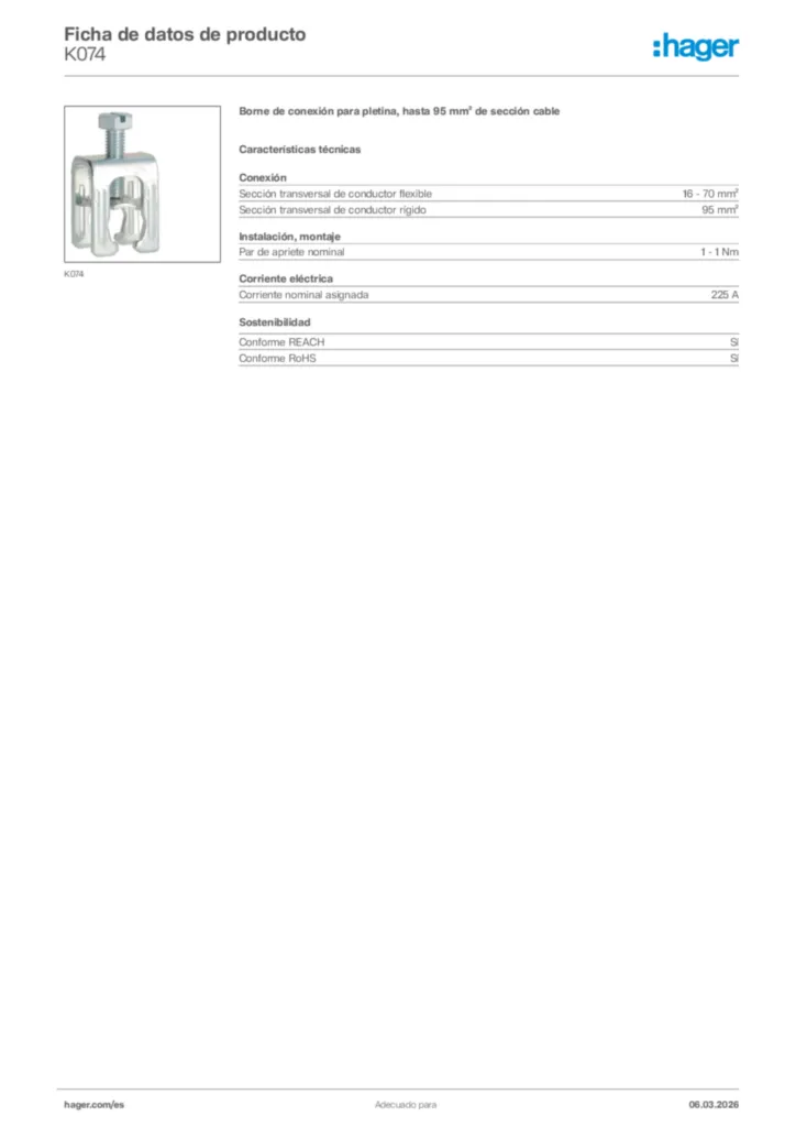 Imagen Hager Ficha de datos de producto K074 | Hager España