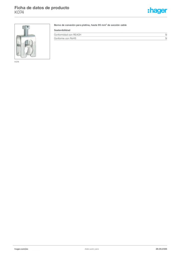 Imagen Hager Ficha de datos de producto K074 | Hager España