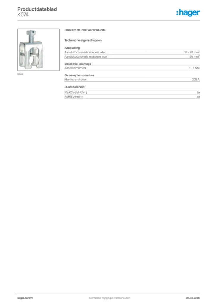 Afbeelding Hager Productdatablad K074 | Hager Nederland