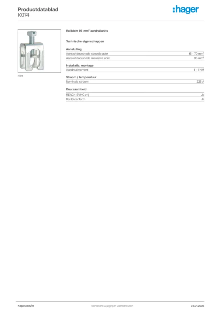 Afbeelding Hager Productdatablad K074 | Hager Nederland