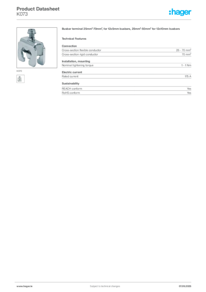 Image Hager Product data sheet K073  | Hager