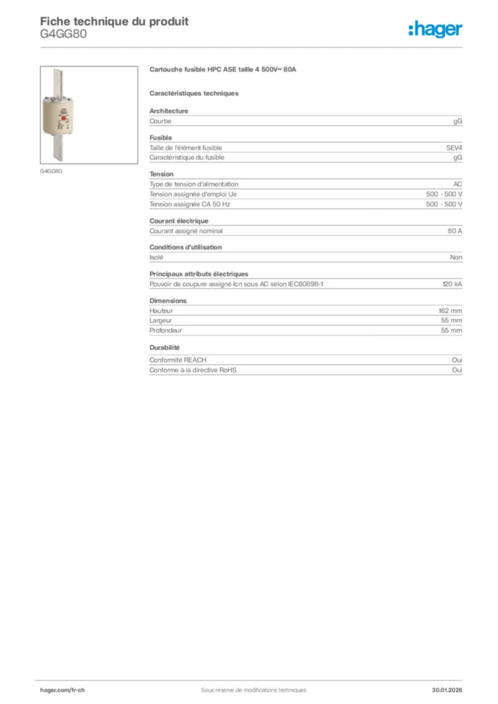 Image Hager Fiche technique du produit G4GG80 | Hager Suisse