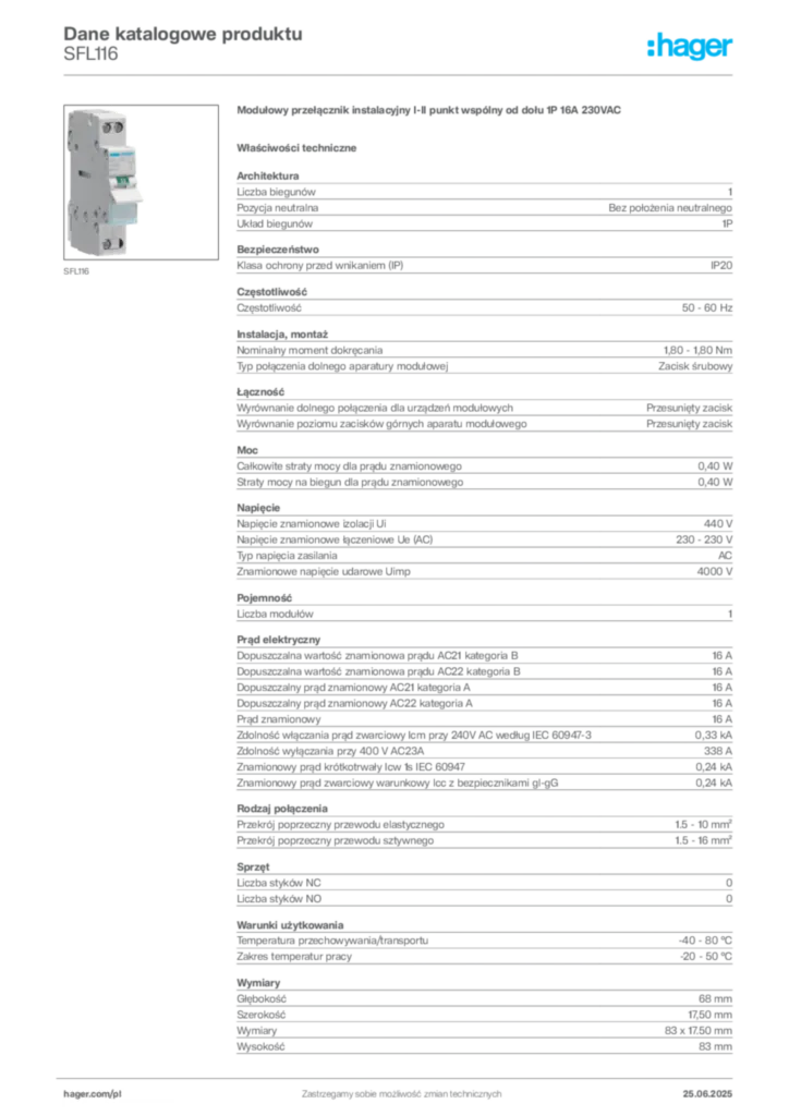 Zdjęcie Hager Karta katalogowa SFL116 | Hager Polska