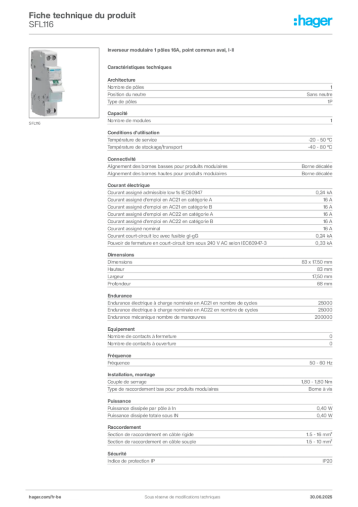 Image Hager Fiche technique du produit SFL116 | Hager Belgique