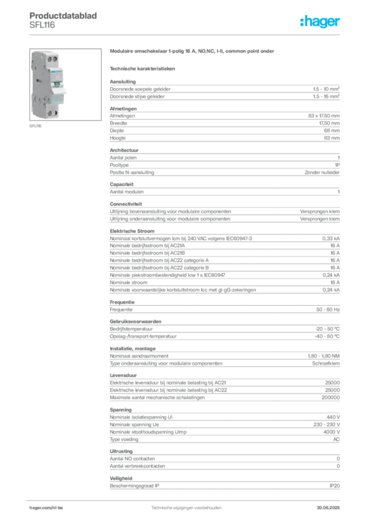 Afbeelding Hager Productdatablad SFL116 | Hager Belgium