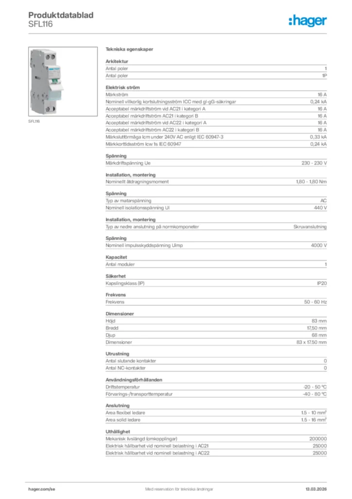 Bild Hager Produktdatablad SFL116 | Hager Sverige
