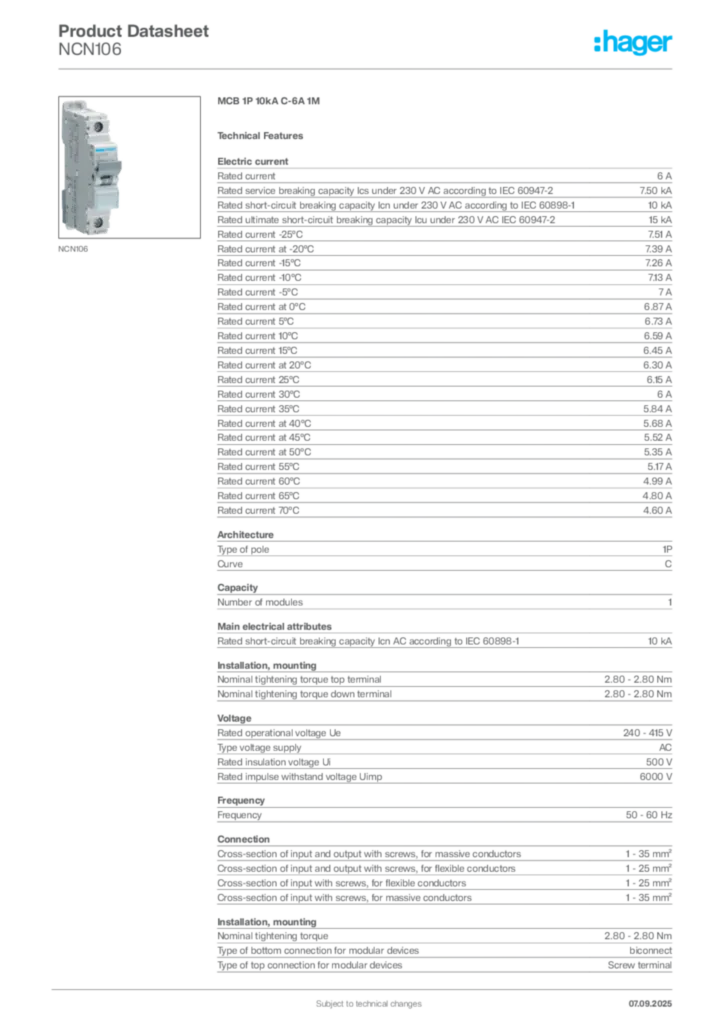 Image Hager Product data sheet NCN106  | Hager