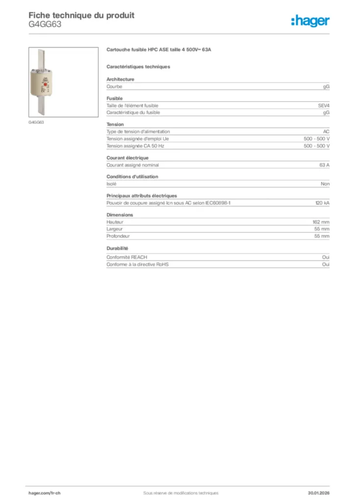 Image Hager Fiche technique du produit G4GG63 | Hager Suisse