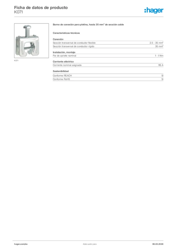 Imagen Hager Ficha de datos de producto K071 | Hager España