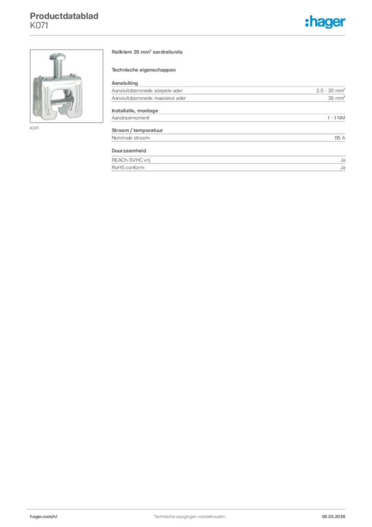 Afbeelding Hager Productdatablad K071 | Hager Nederland