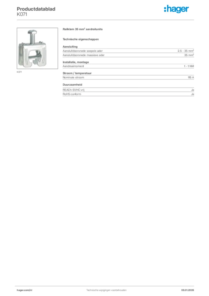 Afbeelding Hager Productdatablad K071 | Hager Nederland