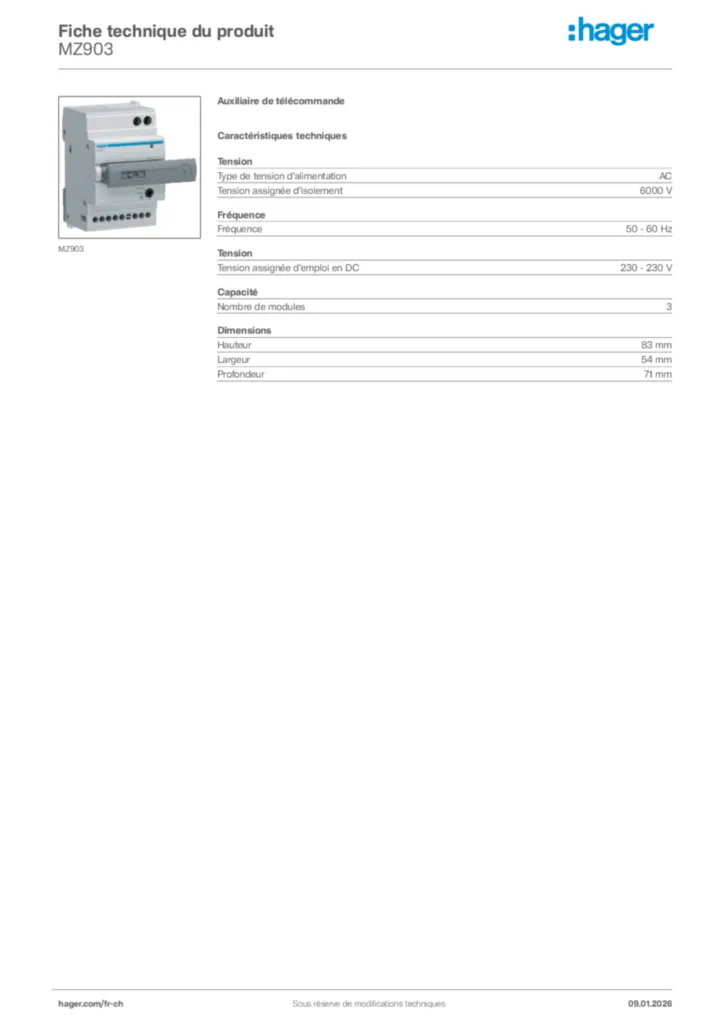 Image Hager Fiche technique du produit MZ903 | Hager Suisse