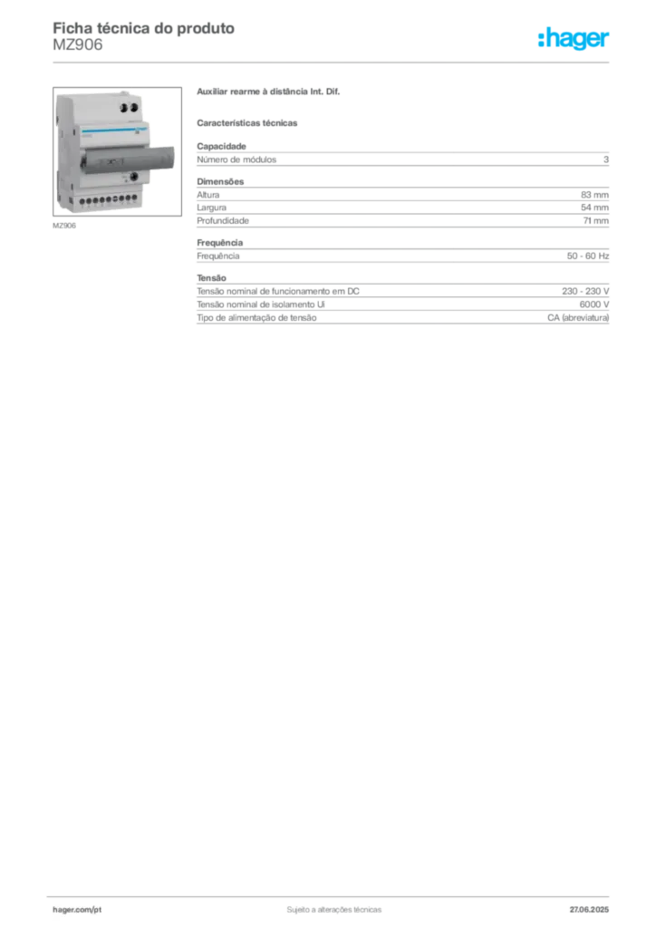 Imagem Hager Ficha técnica do produto MZ906 | Hager Portugal