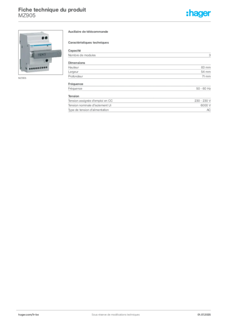Image Hager Fiche technique du produit MZ905 | Hager Belgique