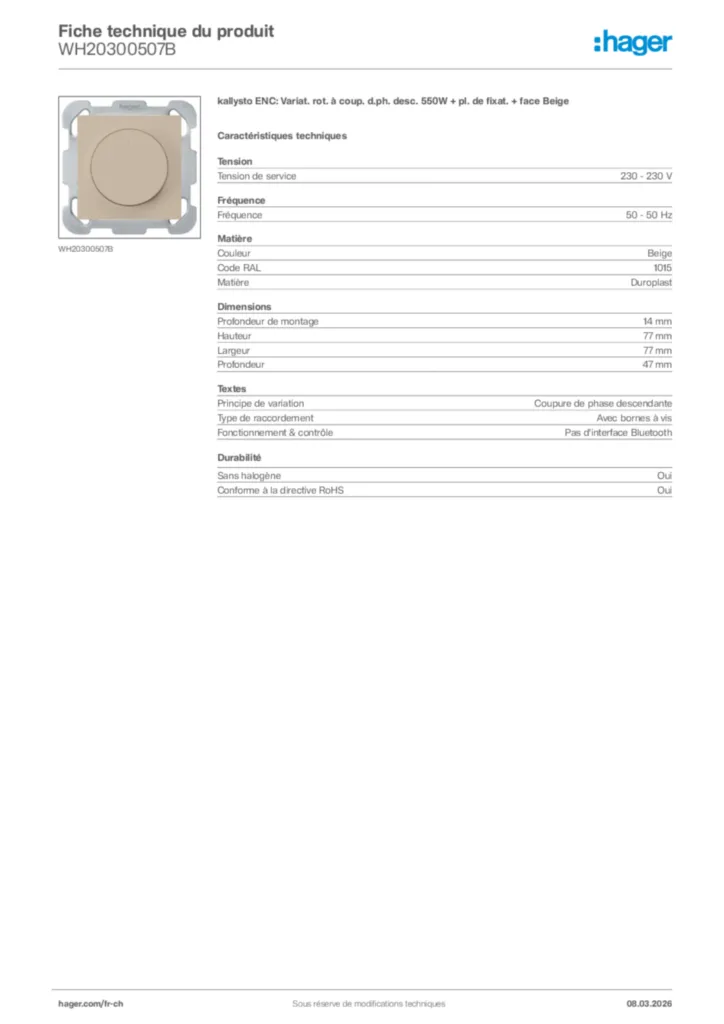 Image Hager Fiche technique du produit WH20300507B | Hager Suisse