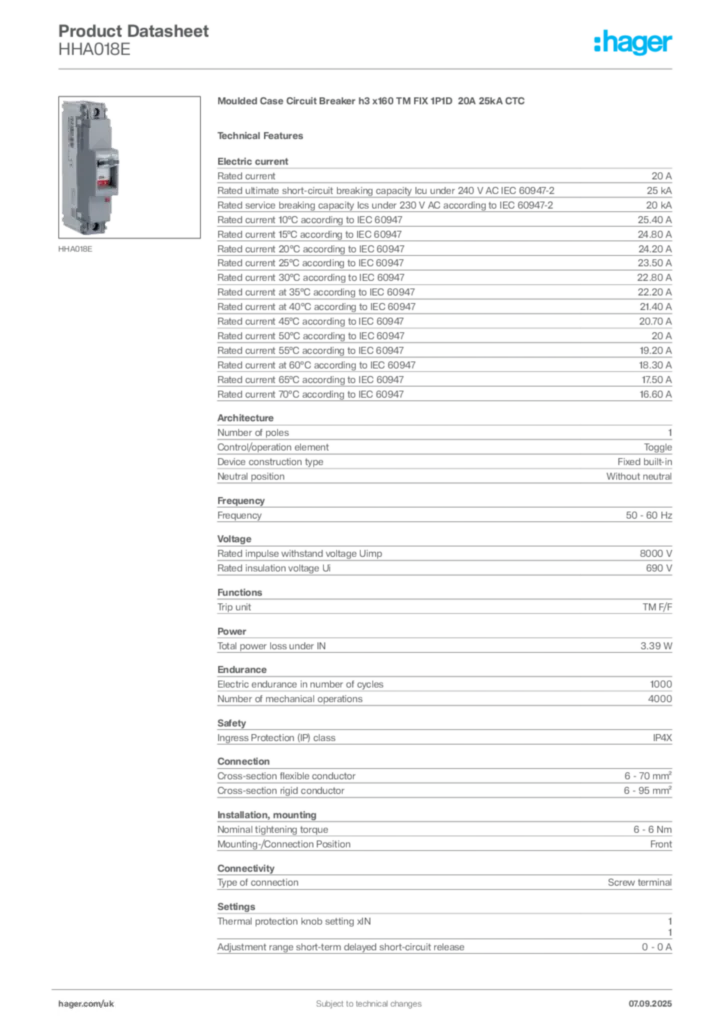 Image Hager Product data sheet HHA018E  | Hager