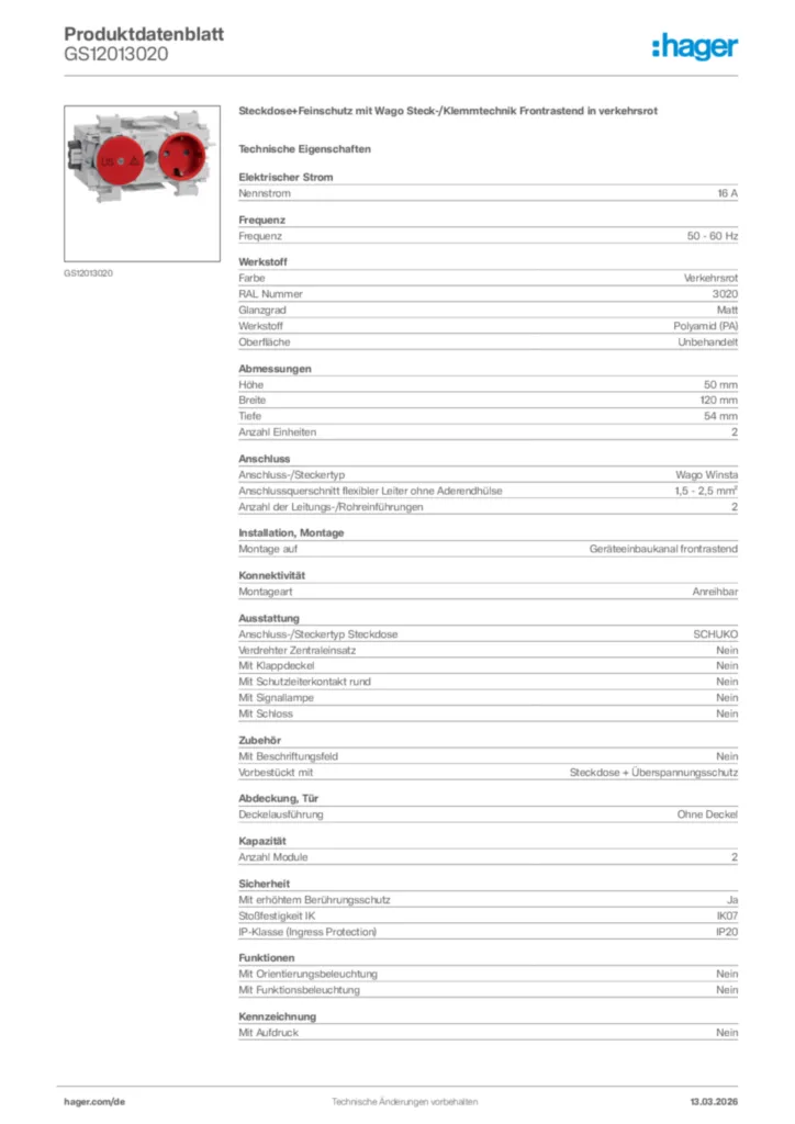 Bild Hager Produktdatenblatt GS12013020 | Hager Deutschland