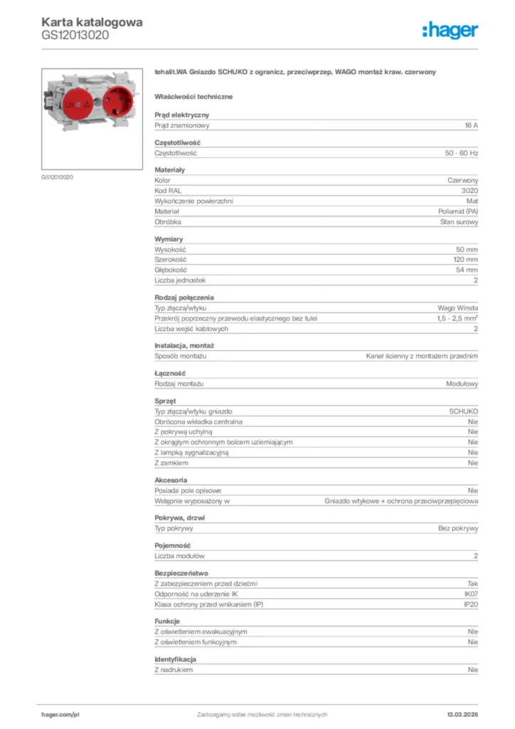 Zdjęcie Hager Karta katalogowa GS12013020 | Hager Polska